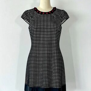 Kensie Black & White Check Mini Dress with Red Jewel Neck Accent